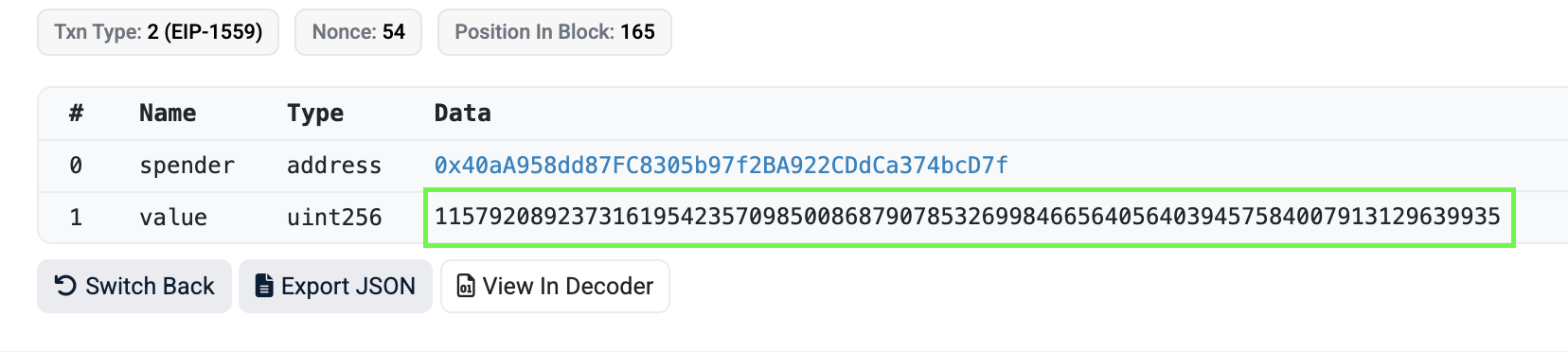 Decoded Approve transaction calldata showing an unlimited (max) approval value
