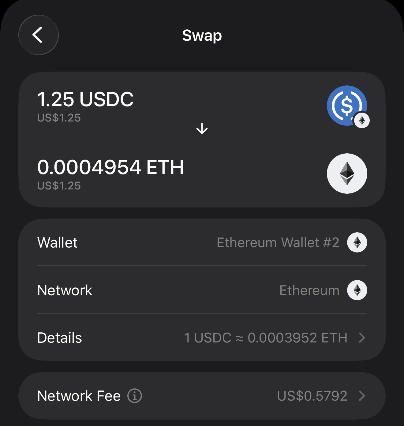 Gem Wallet swap review screen for a 1.25 USDC to ETH swap