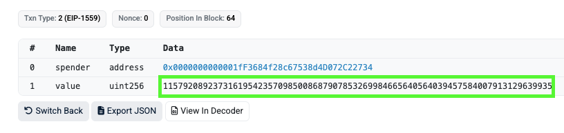 Decoded Approve transaction calldata showing an unlimited (max) approval value