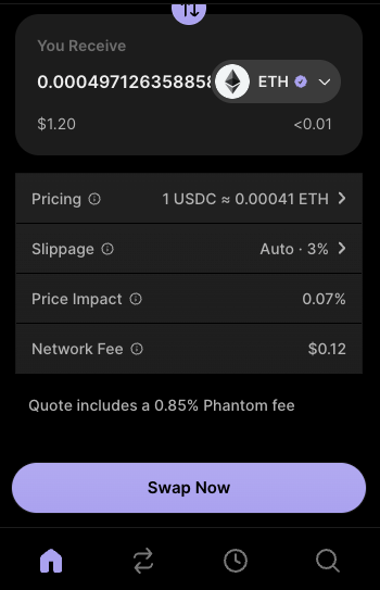 Phantom swap review screen for a 1 USDC to ETH swap