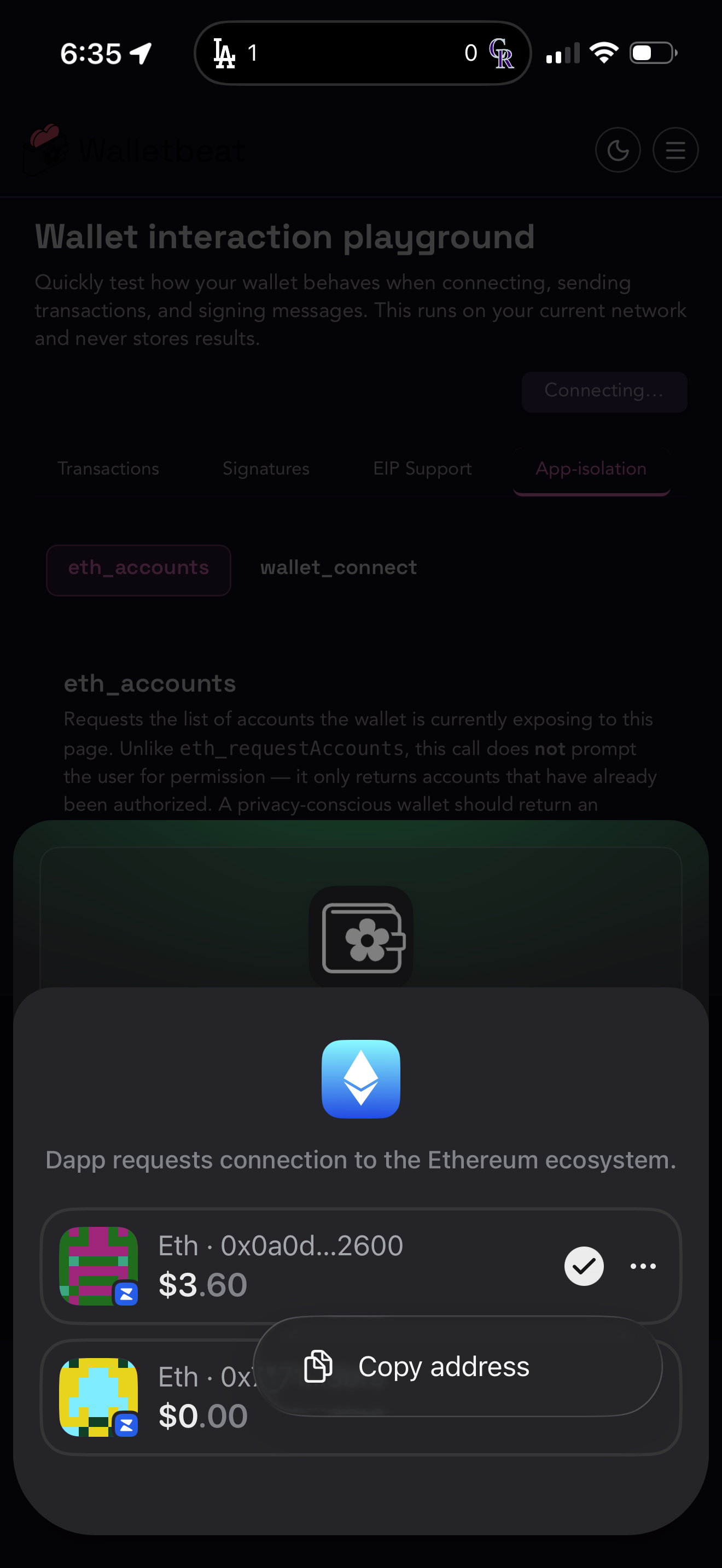 Zerion mobile connection sheet with the account list expanded