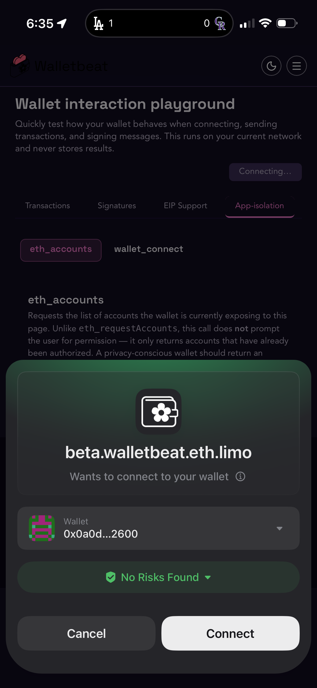 Zerion mobile app connection sheet